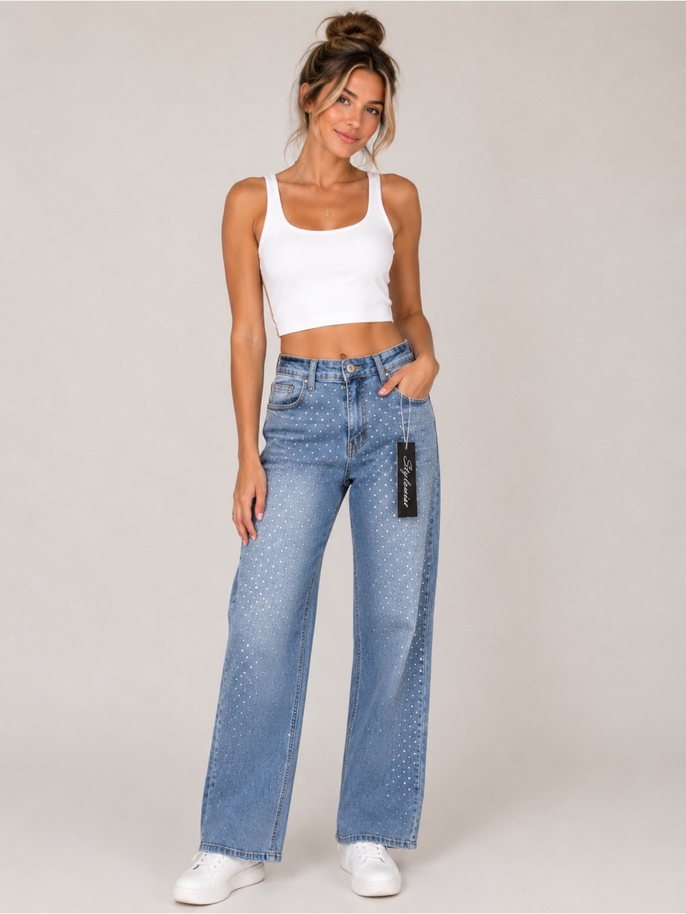 NWT Stylewe Rhinestone Embellished Wide Leg Jeans Women’s Medium